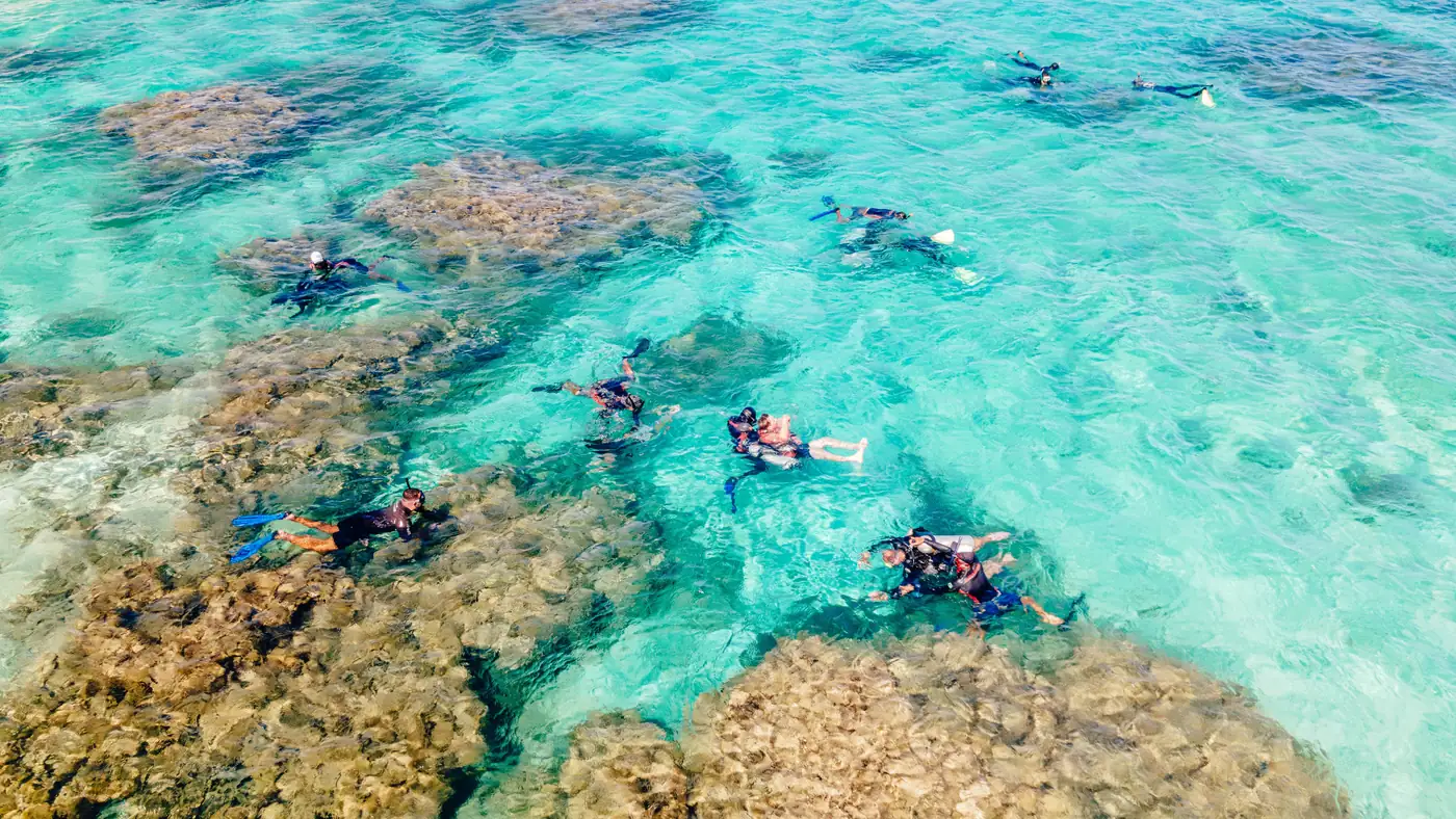 Vista aérea das piscinas naturais de Maragogi com água transparente e pessoas fazendo snorkel