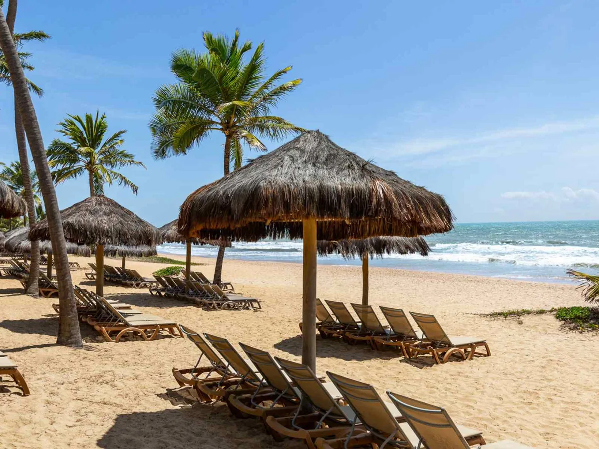 Guarda-sóis de palha e espreguiçadeiras na praia do Grand Palladium Imbassaí, com coqueiros e o mar ao fundo