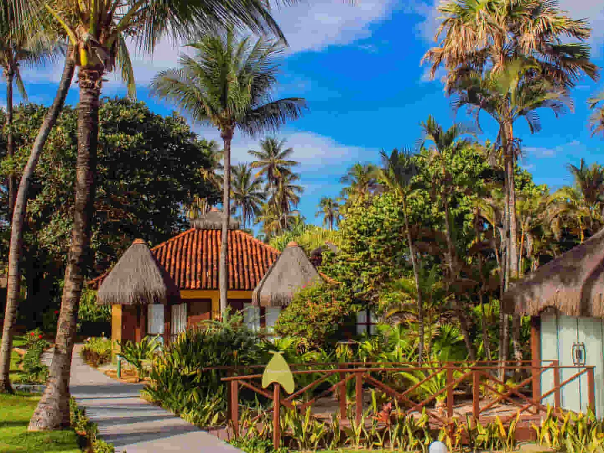 Caminho entre jardins e coqueiros até os chalés do Ocaporã Hotel