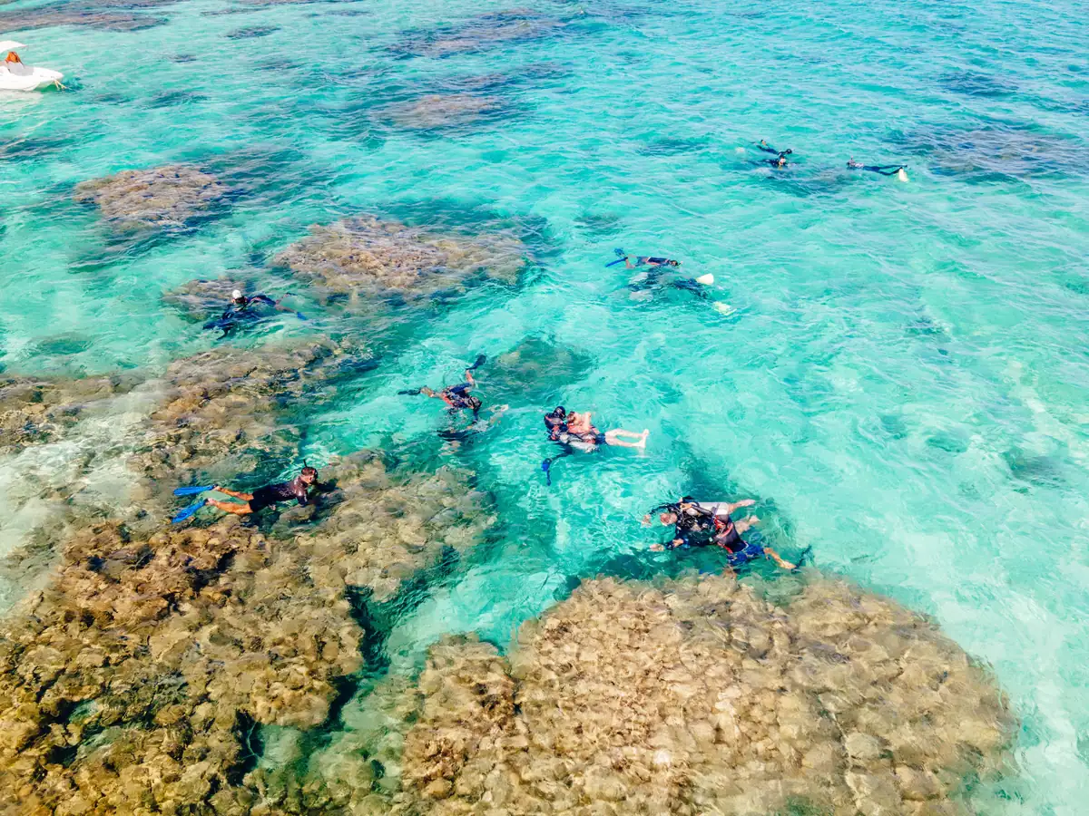 Grupo de viajantes fazendo mergulho de snorkel nas piscinas naturais de águas turquesa em Maragogi